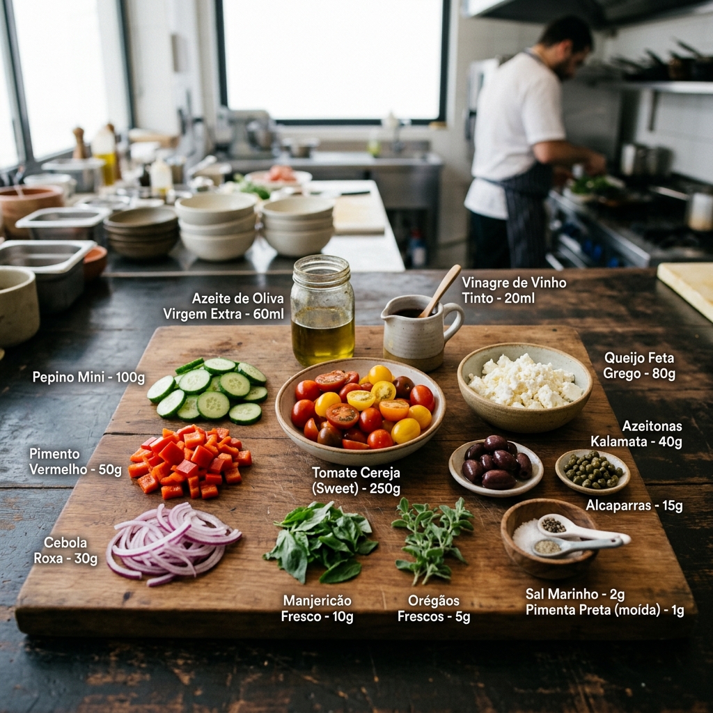 Ingredientes frescos organizados numa bancada de cozinha, representando os elementos essenciais de uma ficha técnica na restauração.